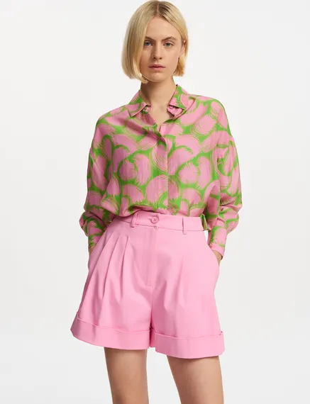 Green and light pink silk shirt with abstract print