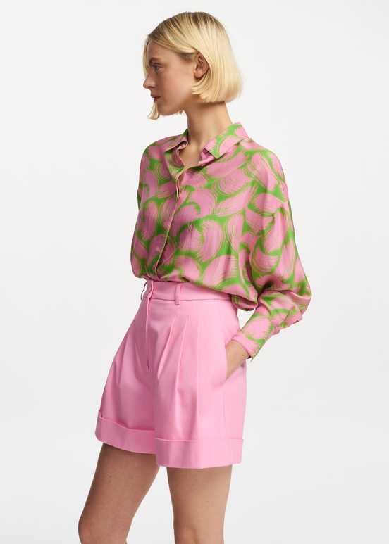 Green and light pink silk shirt with abstract print