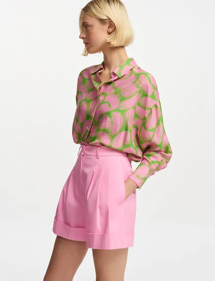 Green and light pink silk shirt with abstract print