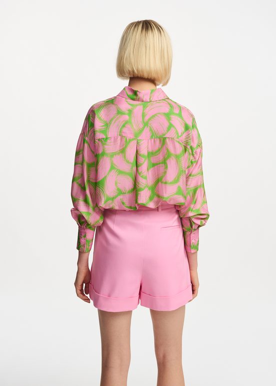 Green and light pink silk shirt with abstract print