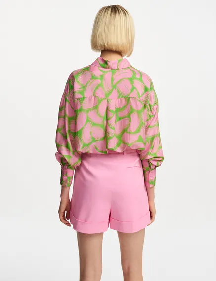 Green and light pink silk shirt with abstract print