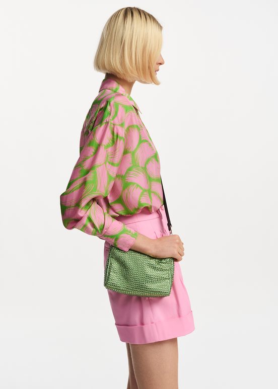 Green and light pink silk shirt with abstract print