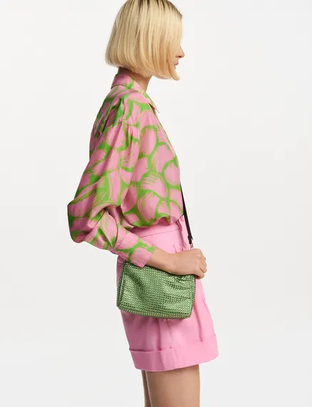 Green and light pink silk shirt with abstract print