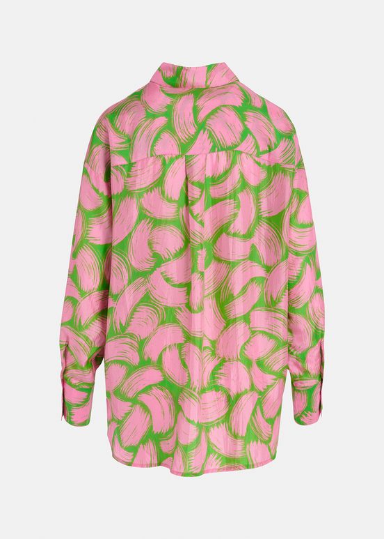 Green and light pink silk shirt with abstract print