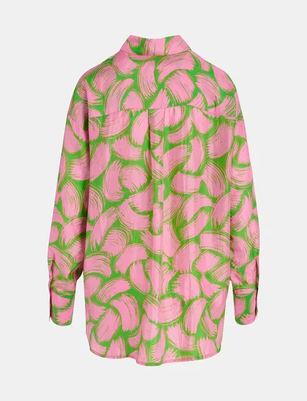 Green and light pink silk shirt with abstract print