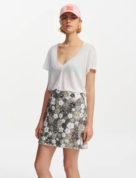 Silver and white sequin-embellished mini skirt