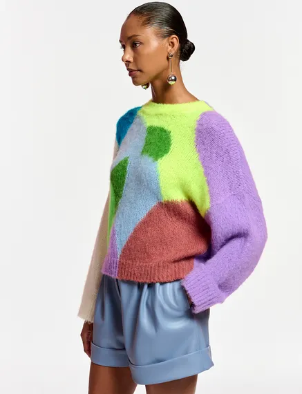 Multicolor abstract intarsia-knitted sweater