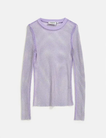 Lilac rhinestone-embellished mesh top