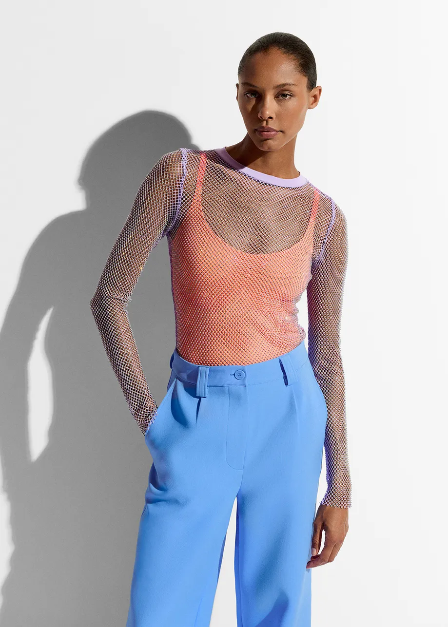 Lilac rhinestone-embellished mesh top
