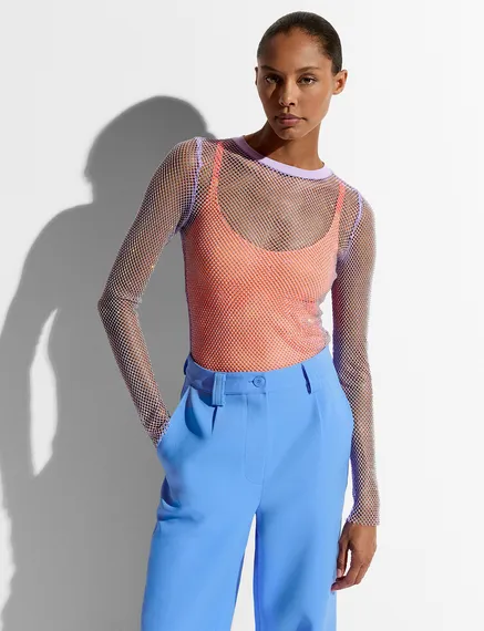 Lila top in mesh met stras