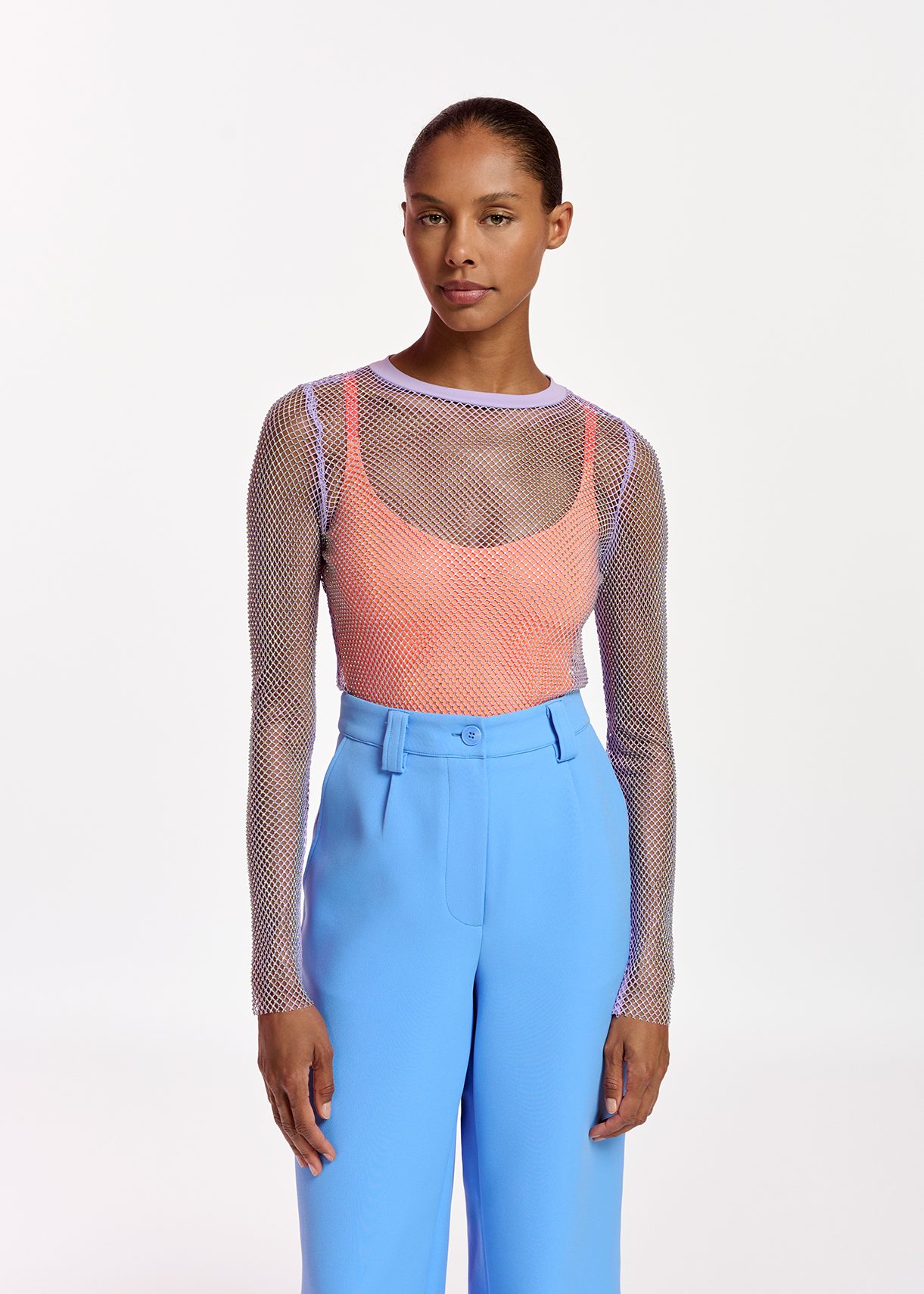 Lilac rhinestone-embellished mesh top | Essentiel Antwerp Europe