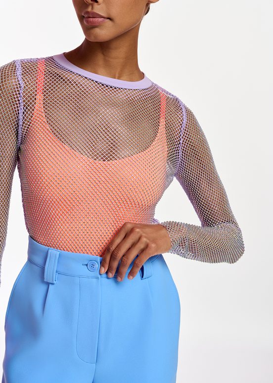 Lilac rhinestone-embellished mesh top