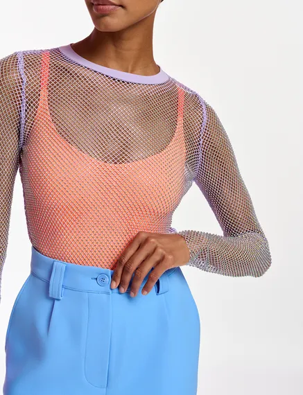 Lilac rhinestone-embellished mesh top