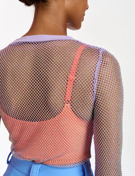 Lila top in mesh met stras