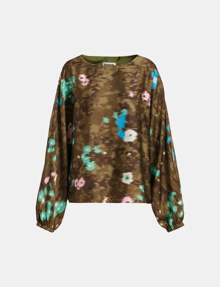 Khaki batwing-sleeve top with floral print