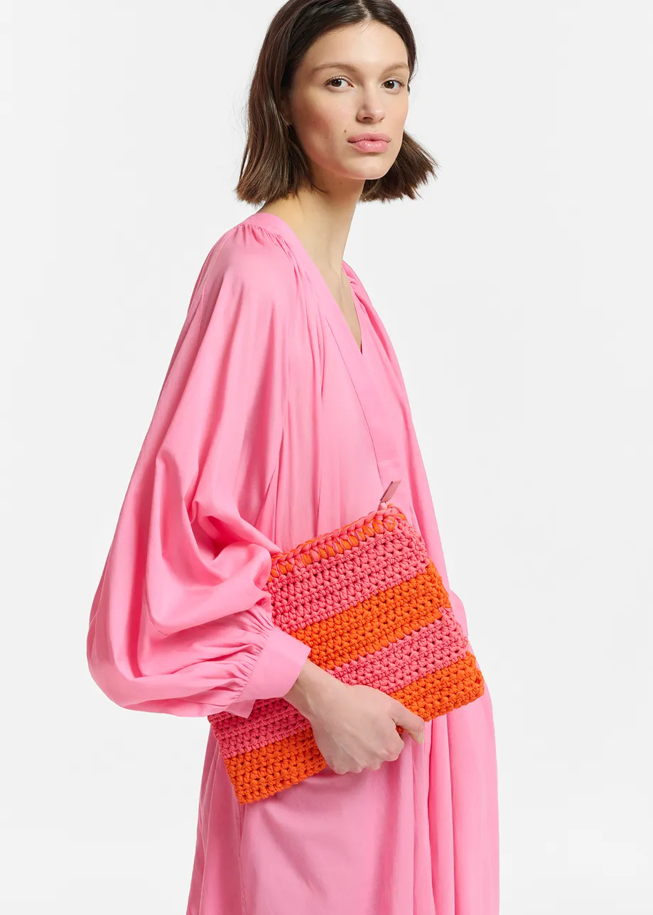 Vintage pink and orange crochet-knitted pouch