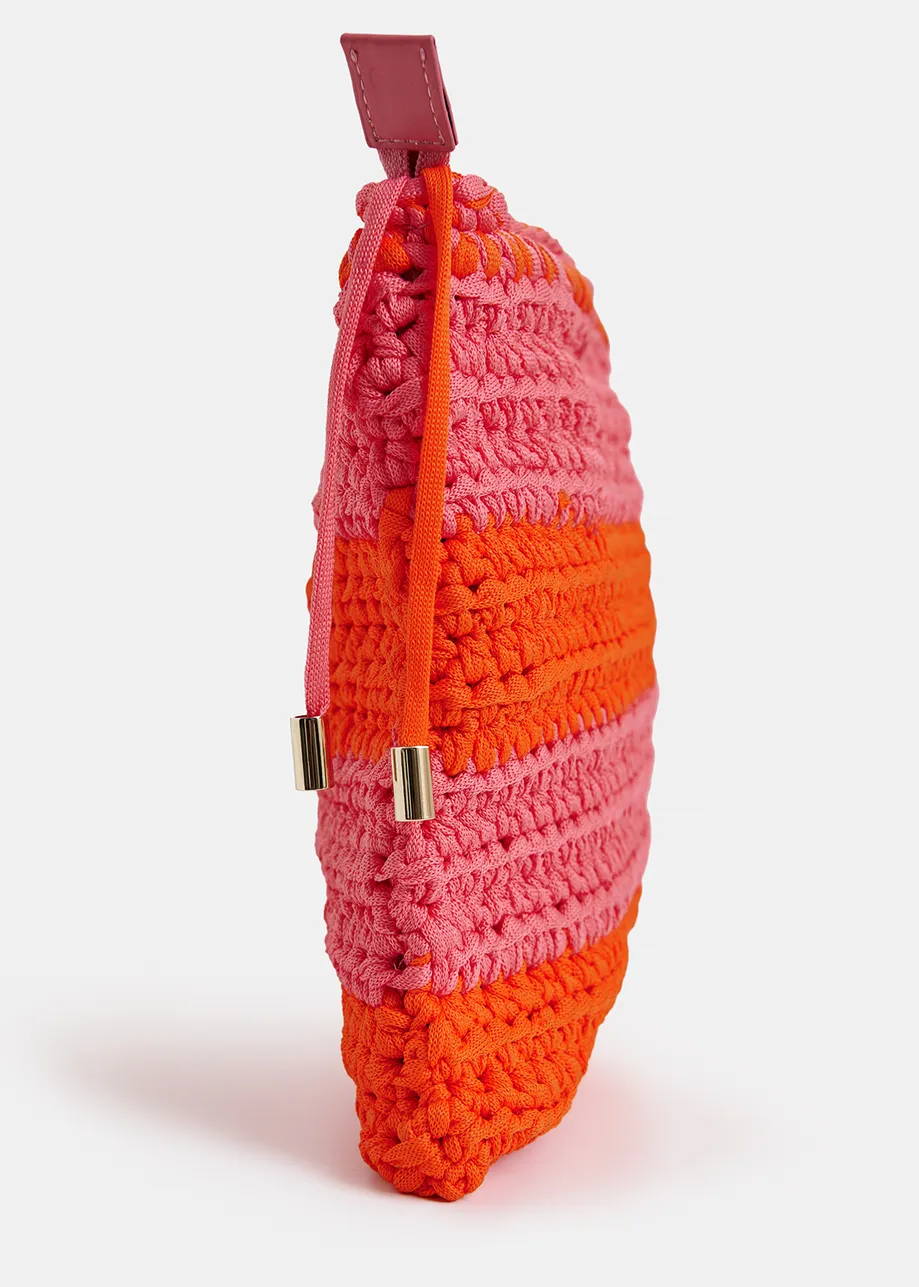Vintage pink and orange crochet-knitted pouch