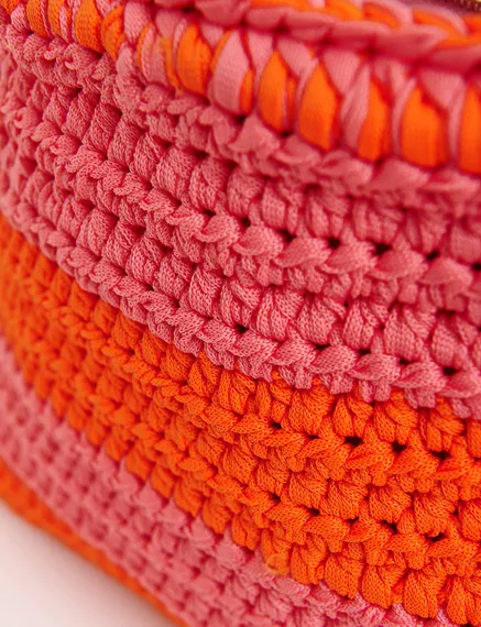 Vintage pink and orange crochet-knitted pouch