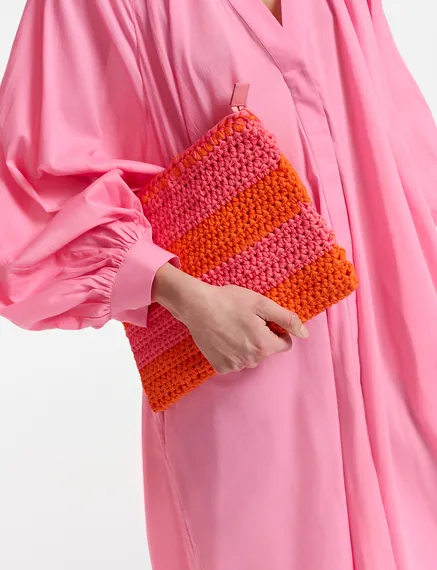 Vintage pink and orange crochet-knitted pouch