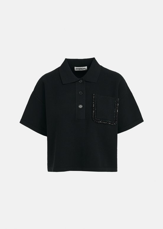 Black polo top with beaded embroidery