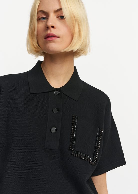 Black polo top with beaded embroidery