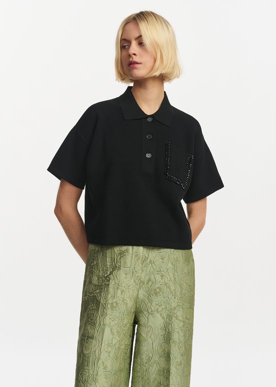 Black polo top with beaded embroidery