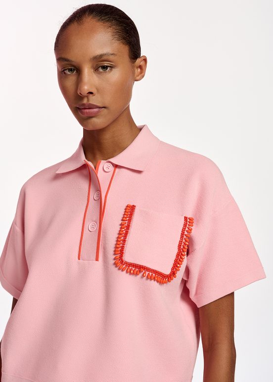 Light pink polo top with beaded embroidery