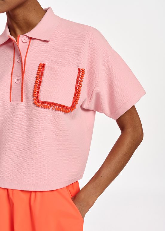 Light pink polo top with beaded embroidery