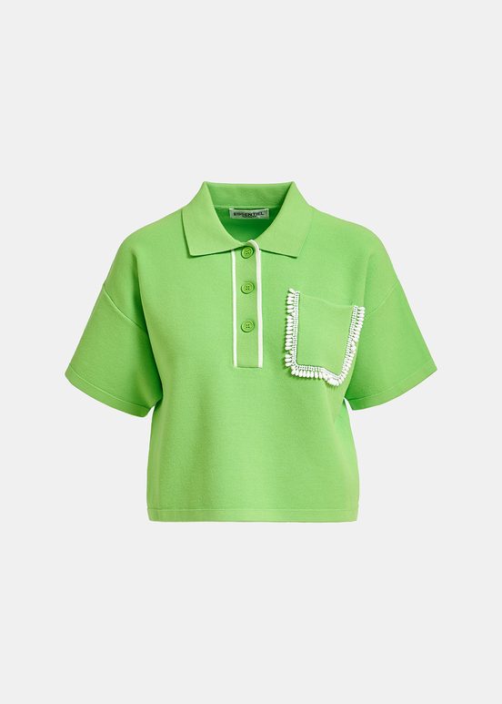 Green polo top with beaded embroidery