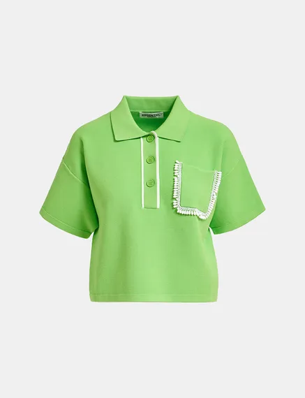 Green polo top with beaded embroidery