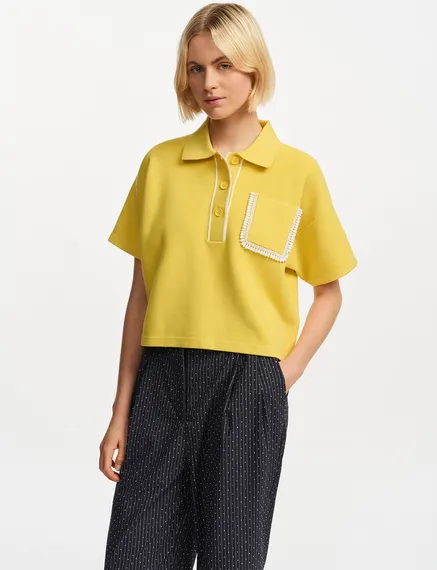 Yellow polo top with beaded embroidery