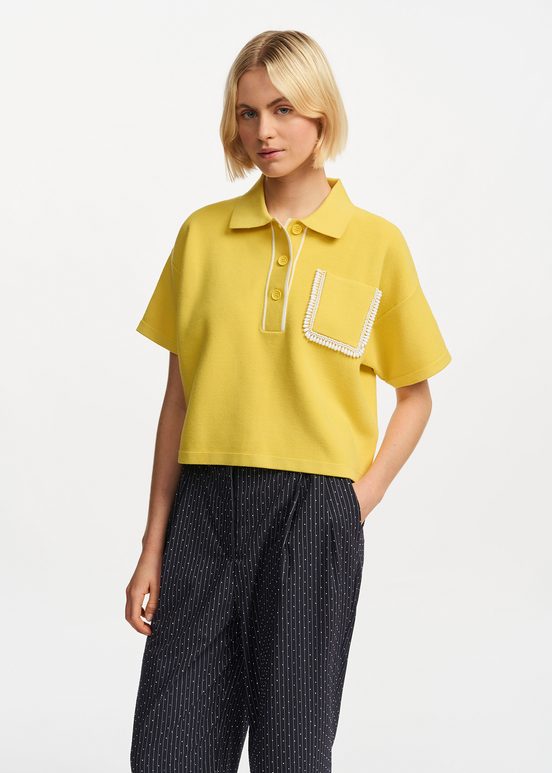 Yellow polo top with beaded embroidery