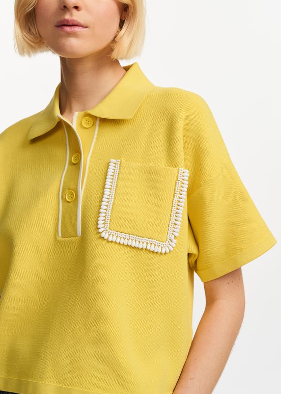 Yellow polo top with beaded embroidery