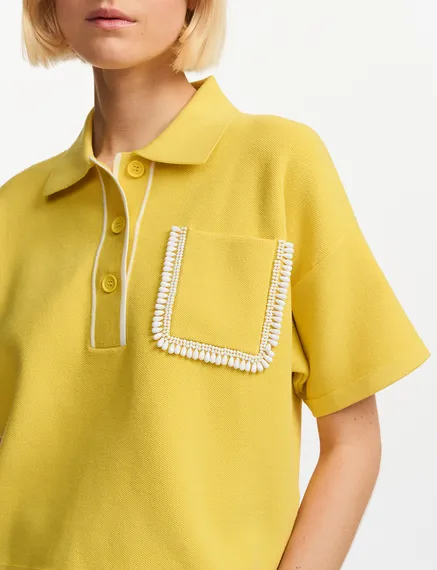 Yellow polo top with beaded embroidery