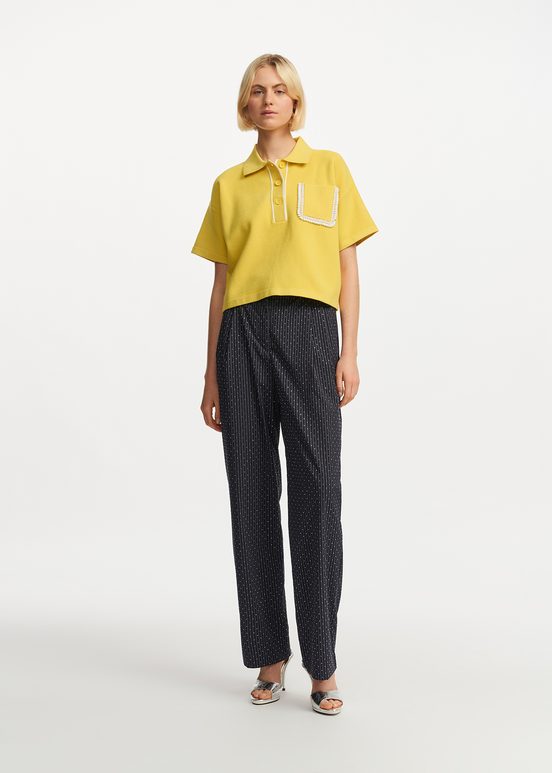 Yellow polo top with beaded embroidery