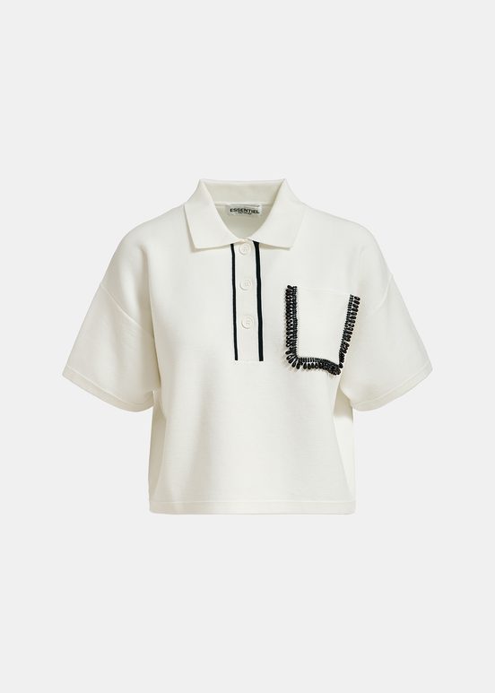 Off-white polo top with beaded embroidery