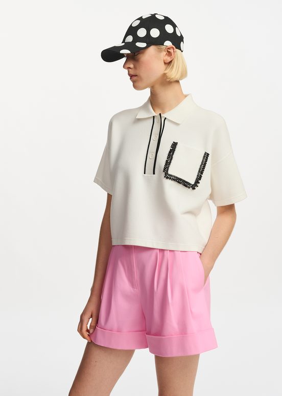 Off-white polo top with beaded embroidery