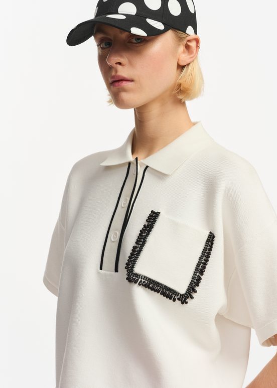 Off-white polo top with beaded embroidery