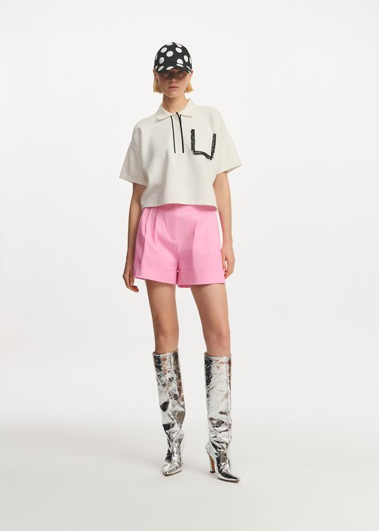 Off-white polo top with beaded embroidery