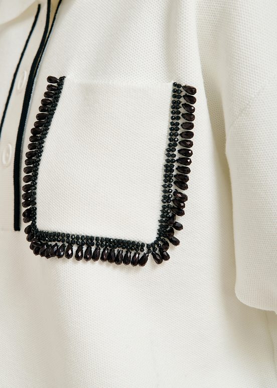 Off-white polo top with beaded embroidery