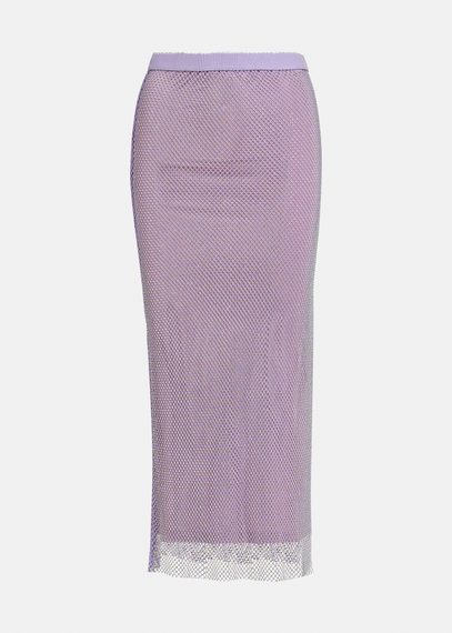 Lilac rhinestone-embellished mesh midi skirt