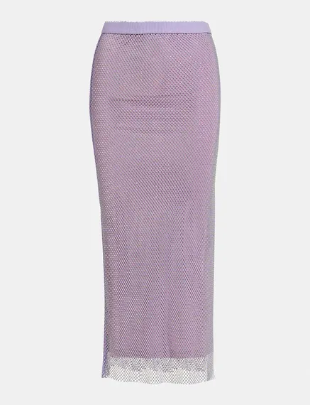 Jupe midi lilas en mesh ornée de strass