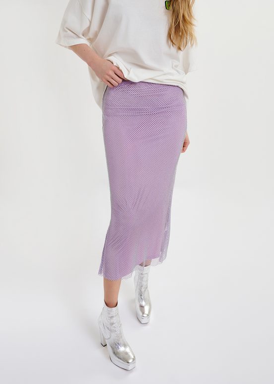 Lilac rhinestone-embellished mesh midi skirt