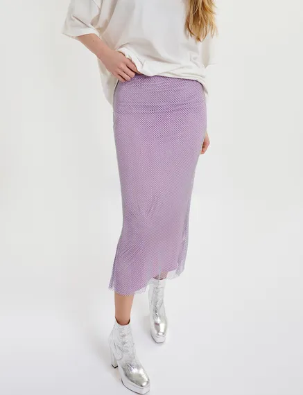 Lilac rhinestone-embellished mesh midi skirt