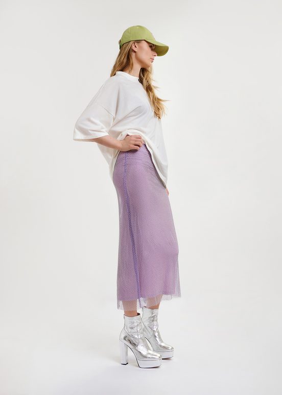 Lilac rhinestone-embellished mesh midi skirt