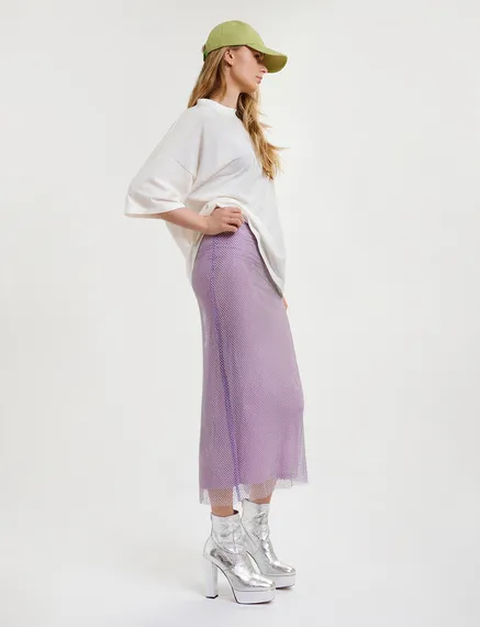 Lilac rhinestone-embellished mesh midi skirt