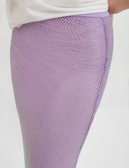 Jupe midi lilas en mesh ornée de strass