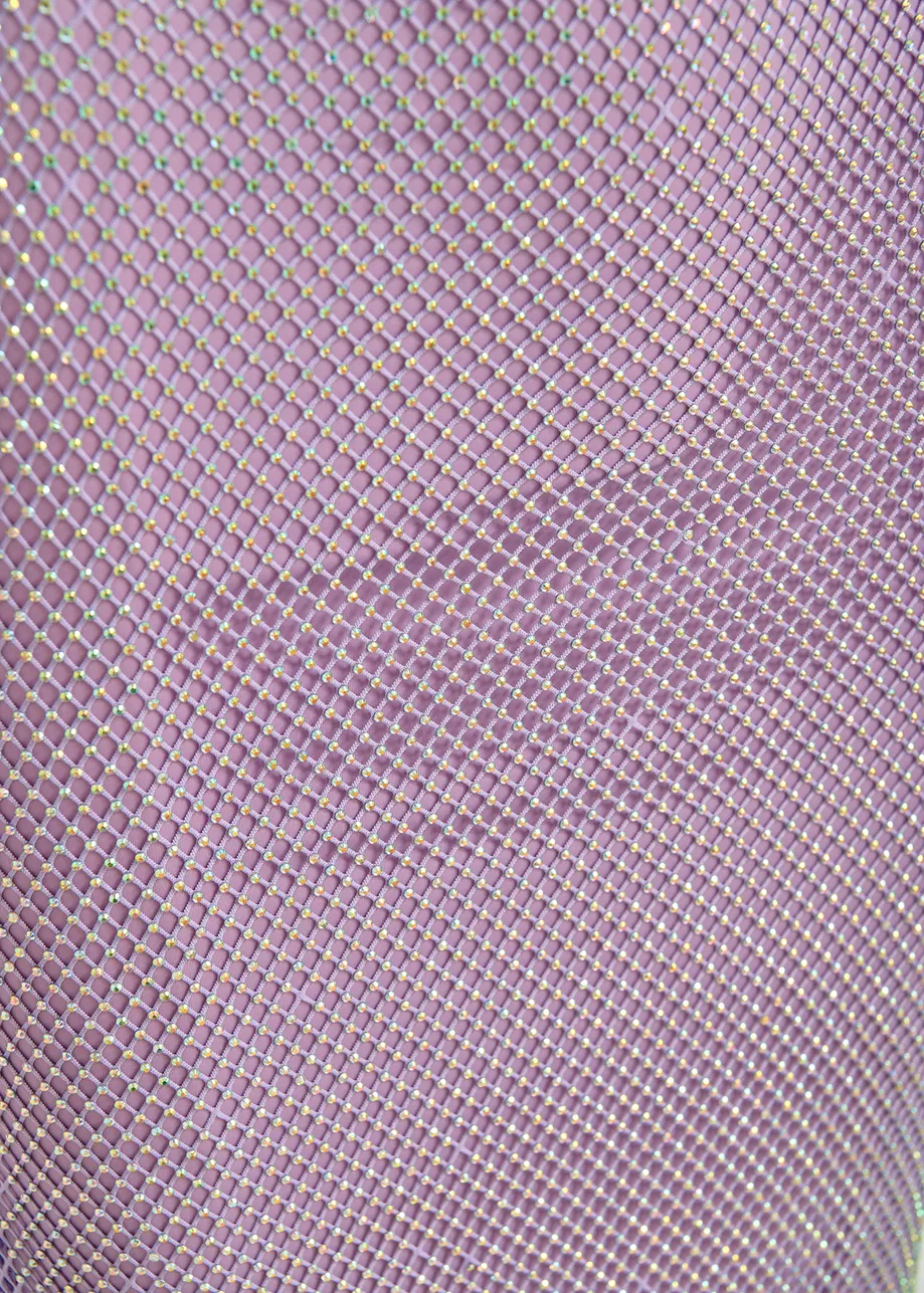 Jupe midi lilas en mesh ornée de strass