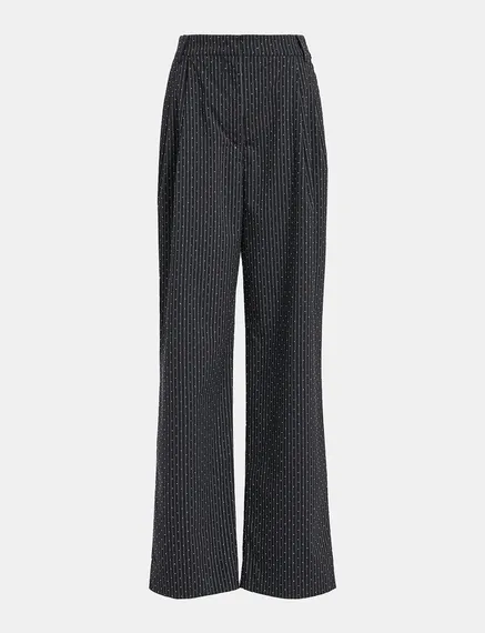 Navy blue pinstriped pants with rhinestone embellishments