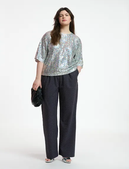 Pantalon bleu marine à fines rayures et strass